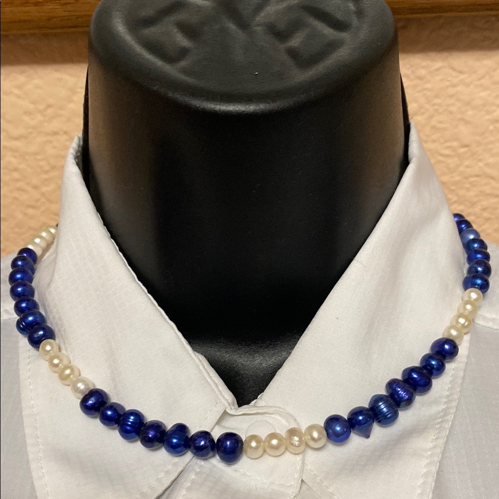 Elegant Blue and White Pearl Necklace